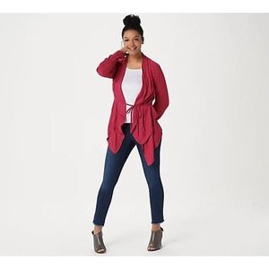 LOGO Lori Goldstein Jacquard red Cardigan Tie Waist A347487 Size XS New